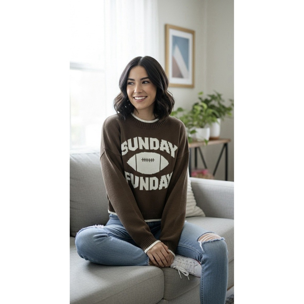 Jessica Simpson Brown 'Sunday Funday' Cropped Football Sweater Small Cotton